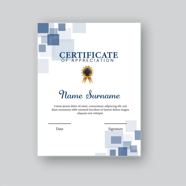 Certyfikat Uznania Szablon Układ Odznaką Kolorze Niebieskim Białym — Wektor stockowy
