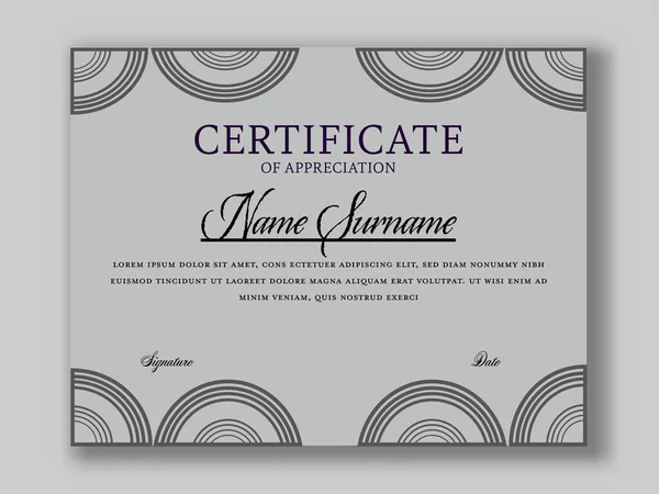 Certificato Colore Grigio Apprezzamento Modello Diploma Layout Con Modello Circle — Vettoriale Stock