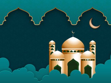 Hilal Ay ve Kağıt Kesiği Arkaplanda Bulutlu Parlak Altın Cami.