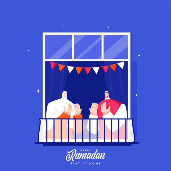 Cartoon Muslim Man Woman Offering Namaz Window Balcony Occasion Ramadan — Stock Vector
