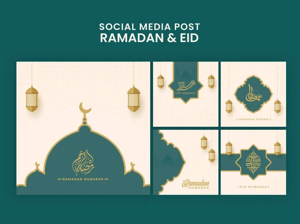 Conjunto Tarjetas Felicitación Publicación Redes Sociales Para Celebración Ramadán Eid — Vector de stock