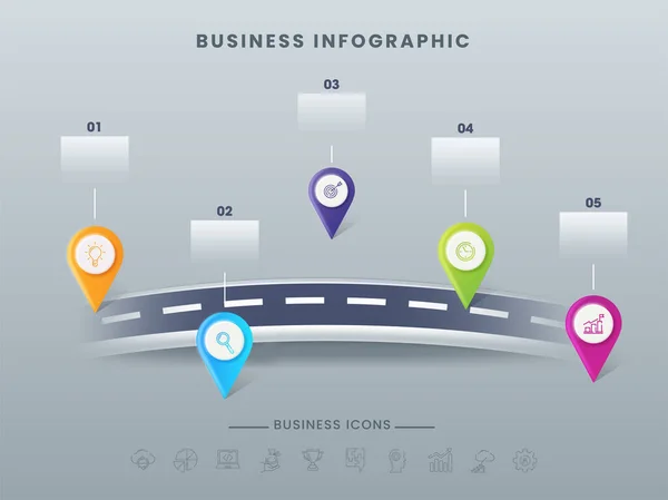 Design Modelo Linha Tempo Infográfico Negócios Com Cinco Pinos Localização — Vetor de Stock