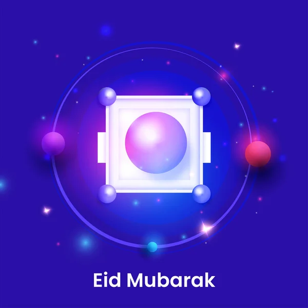 青いライトでボールと3Dモスクのイラストのトップビューは Eid Mubarakお祝いの背景に影響を与えます — ストックベクタ