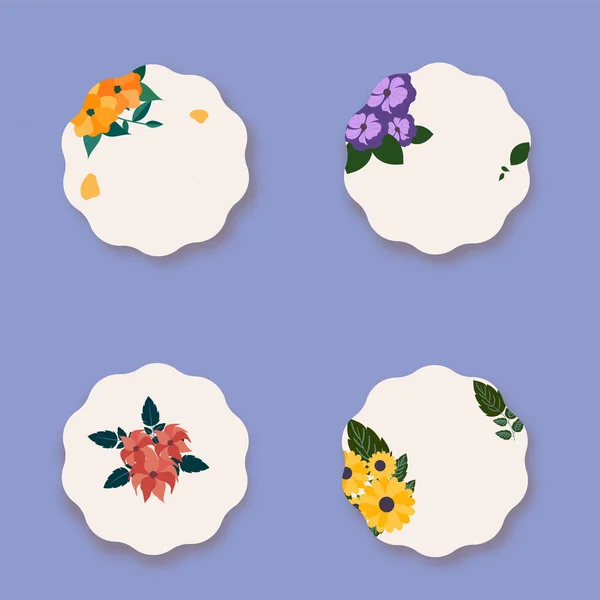 Bloemen Rond Frame Sticky Set Blauwe Achtergrond — Stockvector