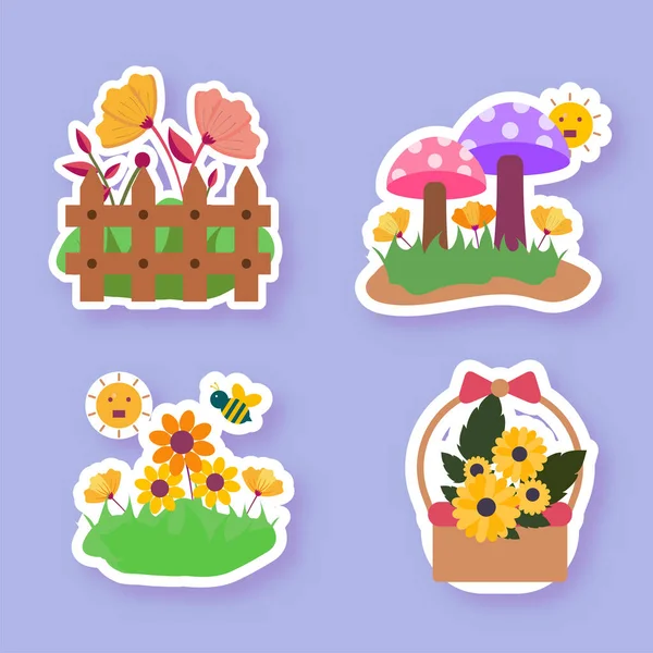 Sticker Style Floral Κηπουρική Άνοιξη Που Μπλε Φόντο — Διανυσματικό Αρχείο