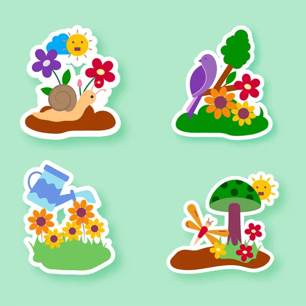 Sticker Style Bloemen Lente Set Groene Achtergrond — Stockvector