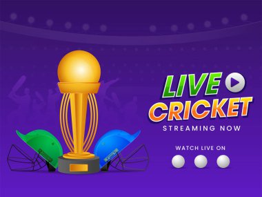 Cricket Streaming Now Poster Tasarımı Altın Kupa ve Mor Arkaplan Üzerine İki Miğfer.