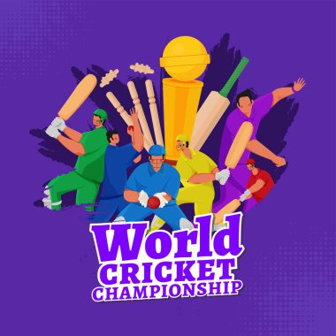 Dünya Kriket Şampiyonası Çizgi Film Oyuncuları Macera Pozu ve Mor Arkaplanda Galibiyet Kupası Konsepti.