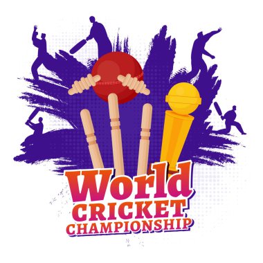 Siluet Oyuncularıyla Sticker Style World Cricket Championship Metni, Topa Vurma Wicket Stumps, Kupa Kupası ve Beyaz Arkaplanda Mor Fırça Vuruşu.