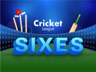 3D, Kriket Ligi Konsepti Stadyumu 'nda Wicket Stadyumu ve Yarasa Teçhizatına Kırmızı Topla Altı Metni Vuruyor.