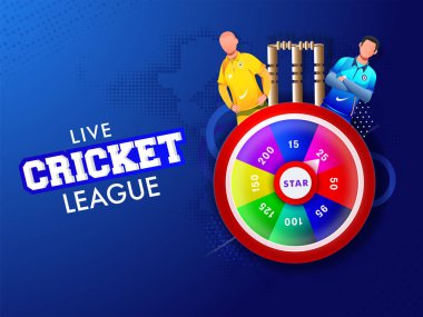 Başlangıç Dönen Tekerleği, Wicket Stumps ve Mavi Yarıtonda Katılımcı Takımının İki Karakteri ile Canlı Kriket Ligi Posteri Tasarımı.