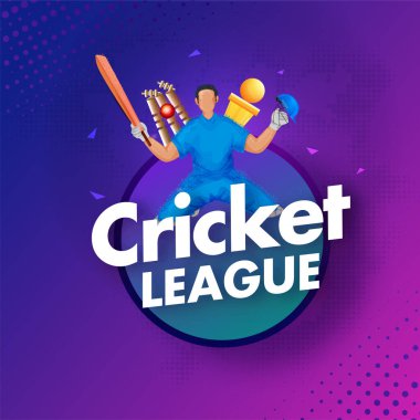 Yüzsüz Vurucu ile Kriket Ligi Konsepti, Mavi ve Pembe Arkaplanda Altın Kupa.