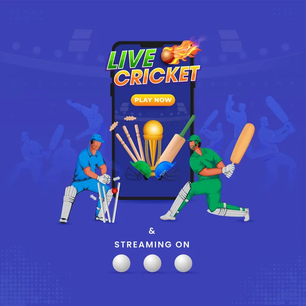 Cricket Vivo Jogar Agora Smartphone Com Jogadores Críquete Equipamentos Torneio — Vetor de Stock