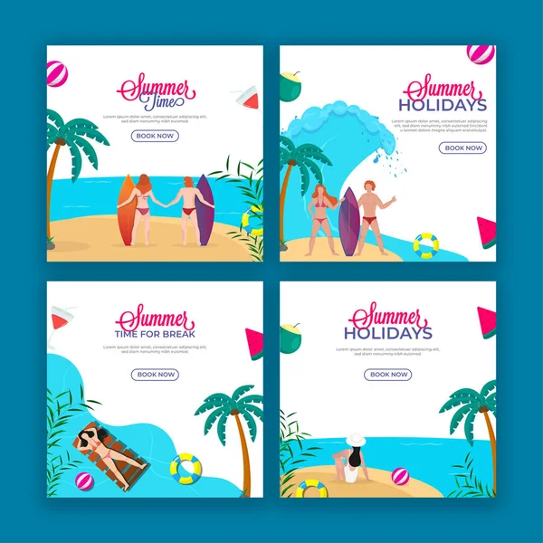 Vacances Été Pause Poster Design Avec Vue Sur Plage Quatre — Image vectorielle