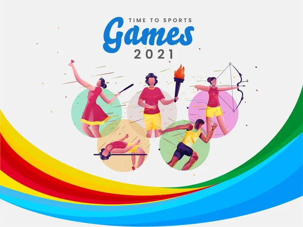 Tempo Para Esporte Jogos 2021 Poster Design Com Desenhos Animados —  Vetores de Stock