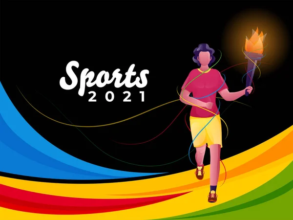 2021 Спортивный Дизайн Плаката Мультфильмом Спортсмен Холдинг Пылающий Факел Фоне — стоковый вектор