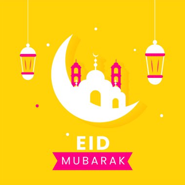 Beyaz Silüet Hilal Ay, Cami ve Sarı Arkaplanda Asılı Fenerler Konsepti.