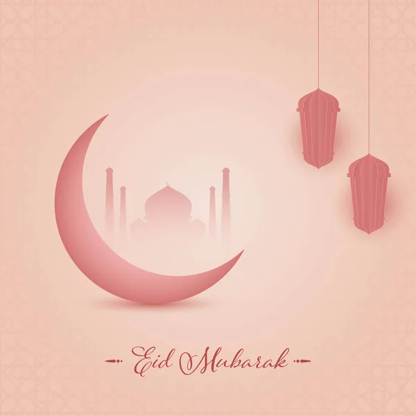 Concept Eid Moubarak Avec Croissant Lune Mosquée Silhouette Lanternes Suspendues — Image vectorielle