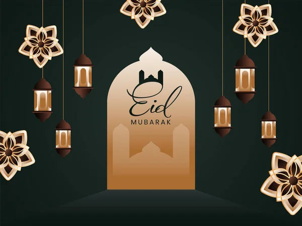 Concepto Celebración Eid Mubarak Con Mezquita Silueta Patrón Islámico Linternas — Vector de stock