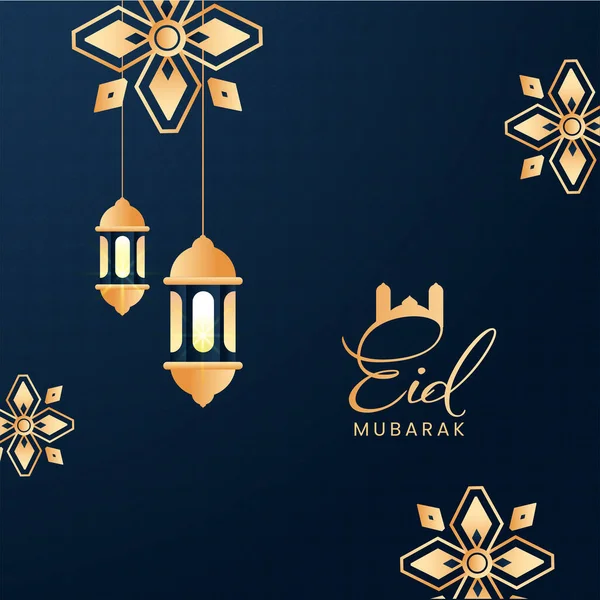 Concepto Celebración Eid Mubarak Con Linternas Colgantes Sobre Fondo Azul — Vector de stock