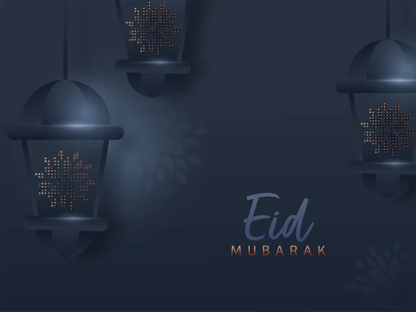 Concepto Eid Mubarak Con Linternas Árabes Colgantes Sobre Fondo Azul — Vector de stock
