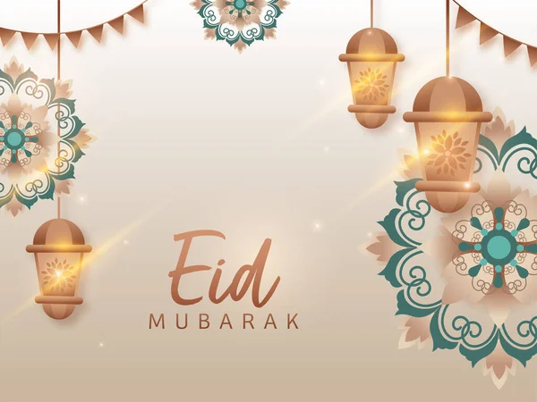 Concepto Eid Mubarak Con Linternas Bronce Cuelgan Luces Efecto Patrón — Vector de stock