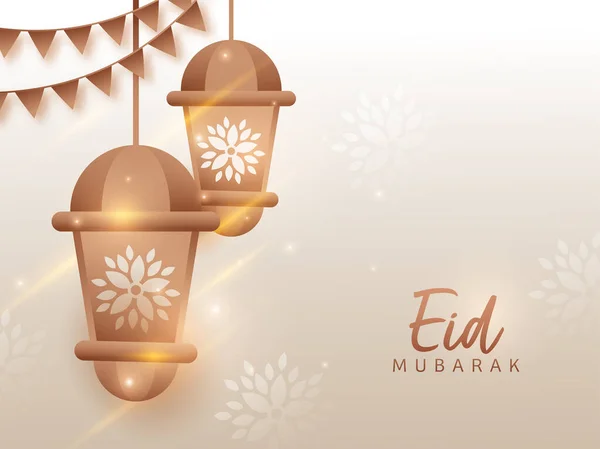 Eid Mubarak Celebration Affiche Ontwerp Met Brons Lantaarns Hangen Bunting — Stockvector