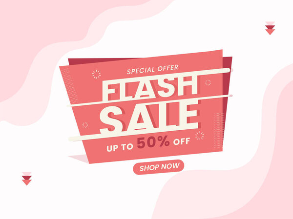 Flash Sale Poster Design With 50% Discount Offer On Pink And White Background.