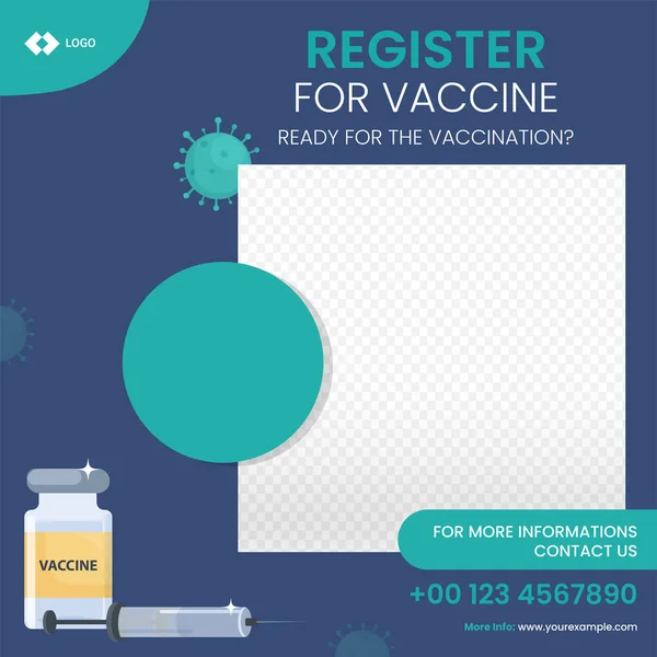 Covid 19疫苗注册海报设计与疫苗瓶和蓝色背景文字或图像空间 — 图库矢量图片