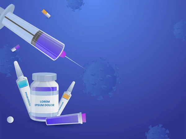 Illustratie Van Vaccineflessen Met Injectiespuit Tabletten Achtergrond Van Het Blauwe — Stockvector