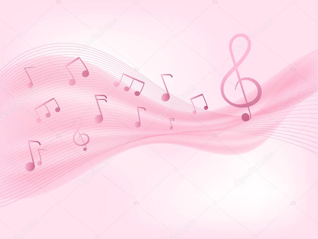 Abstract Pink Wave Background With Music Notes.