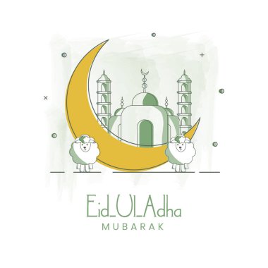 Cami ile Hilal Ayı 'nın Doodle stili tasviri ve bayram mübareği için beyaz arka planda iki çizgi film koyunu.
