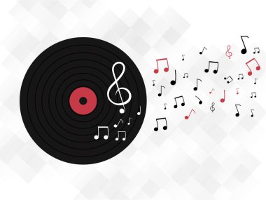 Beyaz Çapraz Arkaplan Müzik Notaları ve Vinil Diskle süslenmiş.