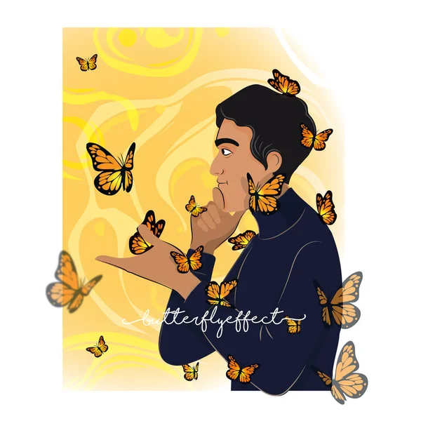 Vektor Illustration Des Charakters Junger Mann Mit Fliegenden Schmetterlingen Auf — Stockvektor