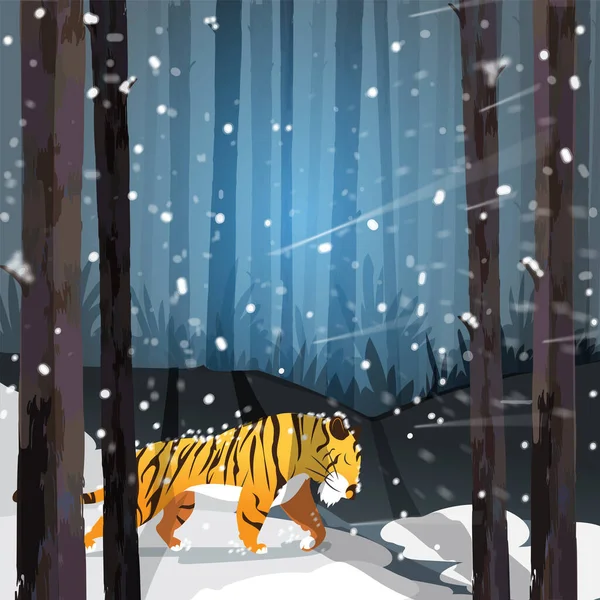 Nieve Cayendo Bosque Fondo Con León Dibujos Animados — Vector de stock