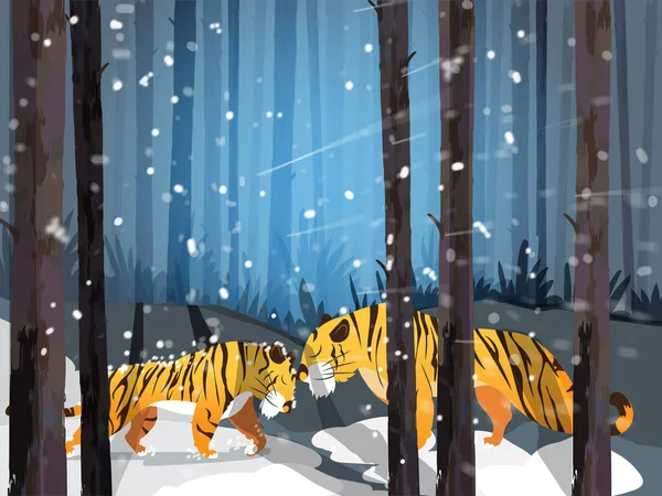 Dibujos Animados Dos Leones Jugando Juntos Bosque Nieve Cayendo Fondo — Archivo Imágenes Vectoriales