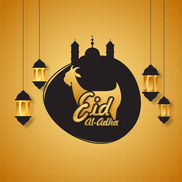 Golden Eid Adha Písmo Siluetou Koza Mešita Lucerny Visí Oranžové — Stockový vektor