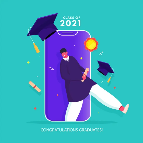 Gefeliciteerd Afgestudeerden Klasse Van 2021 Concept Met Vrolijke Vrouwelijke Studenten — Stockvector