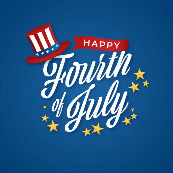 Happy Fourth Julyフォント アンクルサム ハットとイエロースターオンブルー背景 — ストックベクタ