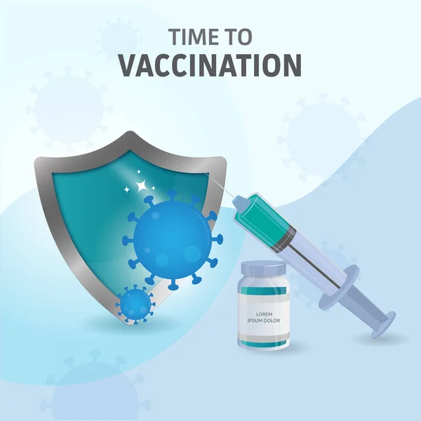 Time Vaccination Based Poster Design Security Shield Syringe Vaccine Bottle — 스톡 벡터