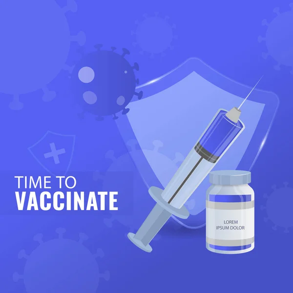 Güvenlik Kalkanı Şırınga Aşıyı Mavi Corona Virüs Arkaplanı Aşılama Zamanı — Stok Vektör