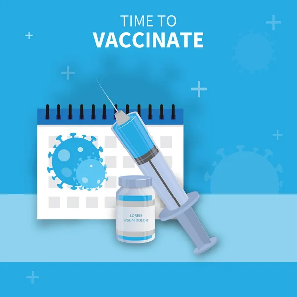 用注射器和蓝色背景日历说明疫苗瓶的接种概念时间 — 图库矢量图片