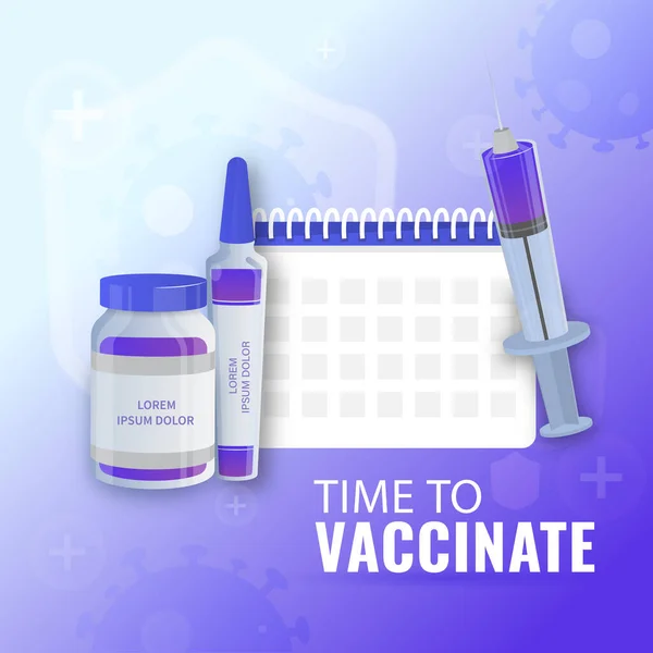 是时候用日历 疫苗瓶 疫苗和注射器说明紫罗兰背景了 — 图库矢量图片