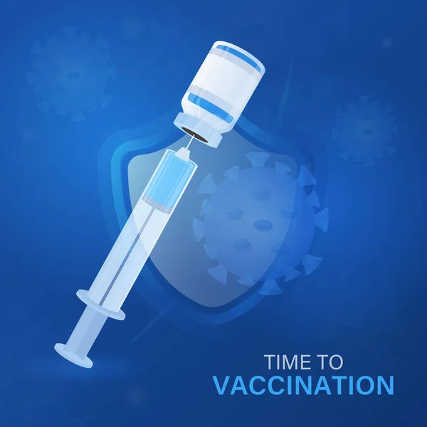 Illustration Syringe Needle Medicine Bottle Security Shield Blue Background Time — 스톡 벡터