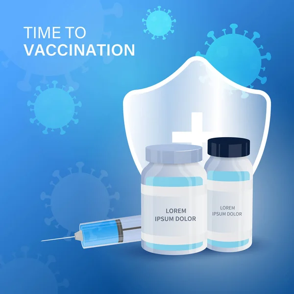 Aşı Şişelerinin Mavi Coronavirüs Üzerinde Şırınga Tıbbi Güvenlik Kalkanı Ile — Stok Vektör