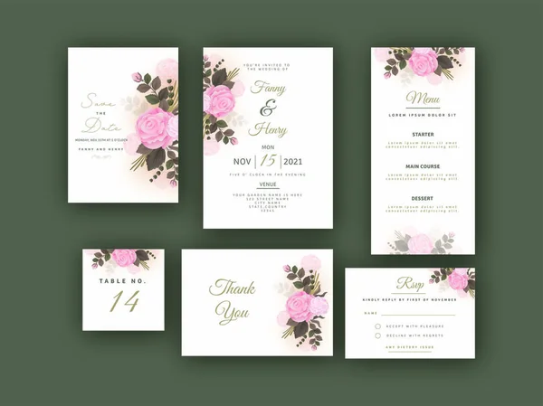 Floral Wedding Suite Template Card Design Six Options — Stock Vector