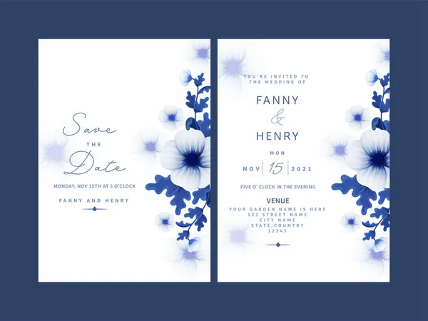 Disposición Plantilla Invitación Boda Floral Color Azul Blanco — Archivo Imágenes Vectoriales