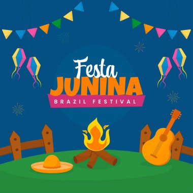Brezilya Festivali Festa Junina Kutlama Arkaplanı Şenlik Ateşi, Gitar, Sombrero Şapka Çizimi.