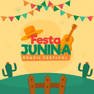 Brezilya Festivali Festa Junina Kutlama Konsepti Gitar Aracı, Şapka, Kaktüs Bitkileri, Çit Yeşil ve Sarı Arkaplan.