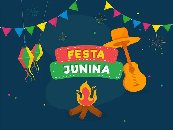 Concepto Festa Junina Con Hoguera Sombrero Naranja Instrumento Guitarra Linternas — Vector de stock